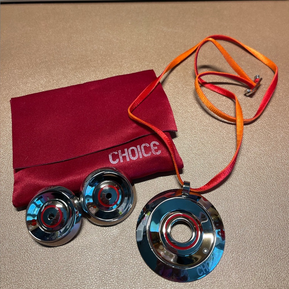 Choice Circular Stainless Steel Clip Earrings and Pendant with Red Accents NWOT